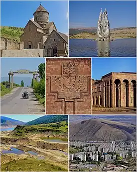 From top left:Makravank Monastery&nbsp;• Tsovinar monument on  Aghbyurak Reservoir&nbsp;• Entrance monument Palace of Culture&nbsp;• Music school  Marmarik Reservoir&nbsp;•  Hrazdan skyline