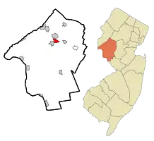 Map of Annandale CDP in Hunterdon County. Inset: Location of Hunterdon County in New Jersey.