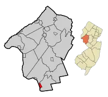 Location of Lambertville in Hunterdon County highlighted in red (left). Inset map: Location of Hunterdon County in New Jersey highlighted in orange (right).