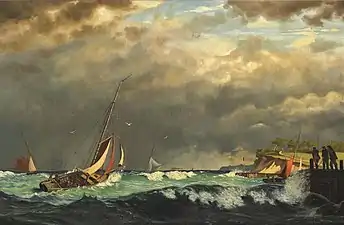 Sailing boats off a harbour in stormy weather