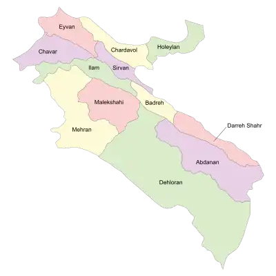 Location of Malekshahi County in&nbsp;Ilam&nbsp;province (center, pink)