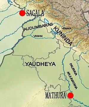 Location of the Vrishni among other groups: the Audumbaras, the Kunindas, the Vemakas, the Yaudheyas, the Pauravas and the Arjunayanas.