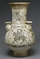 Jug with figures, combining lustre painting (top) and mina'i; 22.5 × 12.8&nbsp;cm (8.8 × 5 in)