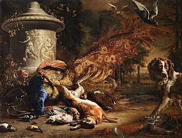 Still-Life with a Peacock and a Dog (1669), oil on canvas, 143.5 x 187&nbsp;cm., Louvre