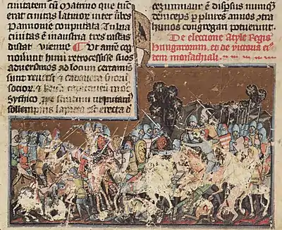 Attila's battle with the Romans at Zeiselmauer, a golden flag decorated with a Turul stands out from the picture (Chronicon Pictum, 1358)