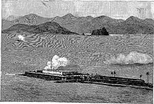 Fort Villegaignon, in possession of the rebel forces: the sinking vessel is the monitorJavary.