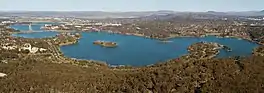 Panorama of Lake Burley Griffin from high elevation