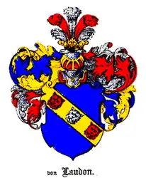 Coat of arms of the Laudon family&nbsp;[de], in the Baltic Coat of arms book by Carl Arvid von Klingspor in 1882.