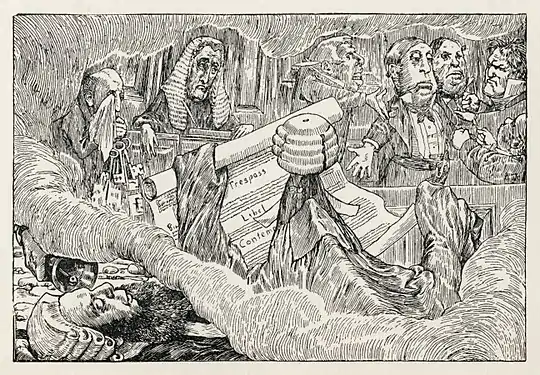 The Barrister's dream of the trial of the pig, with the Snark shown draped in a cloth in the foreground acting as defence barrister; the Bellman's bell is ringing in his ear in the lower left