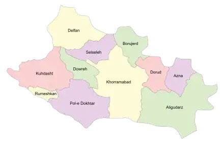 Location of Azna County in&nbsp;Lorestan&nbsp;province (right, purple)