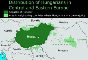 Ethnic map depicting the contemporary ethnic distribution of Hungarians across the Pannonian Basin (also known and referred to as the Carpathian Basin). Legend: &nbsp;&nbsp;Hungary proper where Hungarians are the ethnic majority people&nbsp;&nbsp;Regions outside Hungary where there are notable ethnic Hungarian minorities