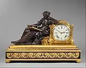 French Neoclassical mantel clock (pendule de cheminée); 1757–1760; gilded and patinated bronze, oak veneered with ebony, white enamel with black numerals, and other materials; 48.3 × 69.9 × 27.9&nbsp;cm; Metropolitan Museum of Art