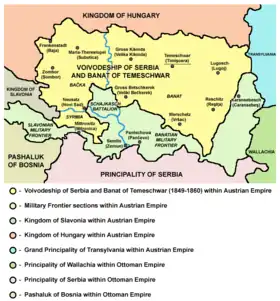Map of Military Frontier sections in Banat, Syrmia, and Bačka in 1849 - Banatian and Slavonian military frontier and Schajkasch Battalion