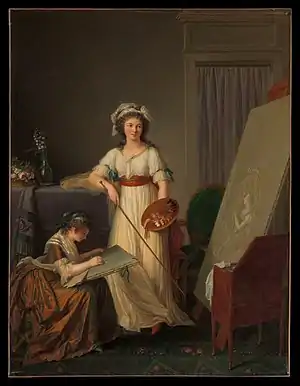 Marie-Victoire Lemoine's The Interior of an Atelier of a Woman Painter, at first interpreted as Vigée Le Brun with a student. Later interpretation is that the subject is Marie-Victoire herself with her sister Marie-Elisabeth