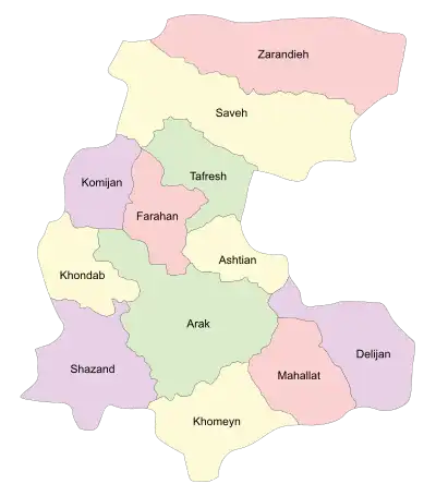 Location of Tafresh County in&nbsp;Markazi&nbsp;province (top center, green)