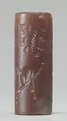 Mesopotamian cylinder seal-(view Side B), with a "stamping form" for cuneiform signs, requiring the cuneiform text be inscribed "in reverse" to 'roll-stamp' the correct cuneiform direction.