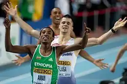 Mohammed Aman celebrating his win after finishing the 800 metres.