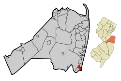 Location of Manasquan in Monmouth County highlighted in red (left). Inset map: Location of Manasquan County in New Jersey highlighted in orange (right).