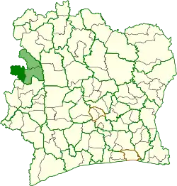 Location in Ivory Coast. Ouaninou Department in dark green, Bafing region in light green.
