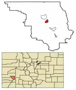 Location of Ridgway in Ouray County, Colorado.