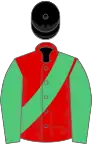 Red, emerald green sash and sleeves, black cap