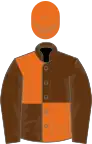 Brown and orange (quartered), brown sleeves, orange cap