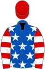 Royal blue, white stars, red and white hooped sleeves, red cap
