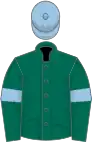 Dark green, light blue armlets, light blue cap