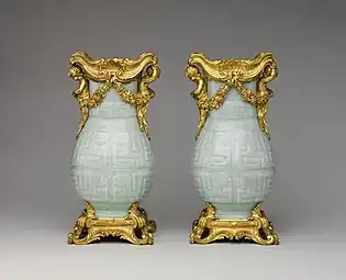 Pair of Chinese vases with French Rococo mounts; the vases: early 18th century, the mounts: 1760–70; hard-paste porcelain with gilt-bronze mounts; 32.4 x 16.5 x 12.4&nbsp;cm; Metropolitan Museum of Art