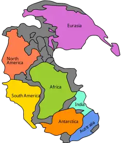 Image 83Pangaea was a supercontinent that existed from about 300 to 180&nbsp;Ma. The outlines of the modern continents and other landmasses are indicated on this map. (from History of Earth)