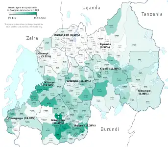 Ethnic distribution of Tutsis in 1983. &nbsp;&nbsp;0% Tutsi • &nbsp;&nbsp;45.5% Tutsi