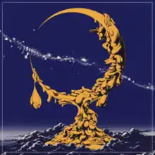A rendering of a statue of a yellow crescent moon made of a waxy substance with a wispy white trail in the background