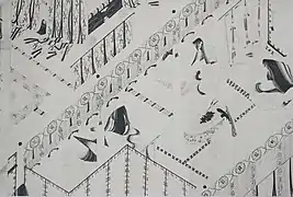 Very constructed ink painting, similar to tsukuri-e without colour; the line is fine and uniform. Makura no Sōshi Emaki&nbsp;[fr], 13th century