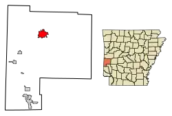 Location of Mena in Polk County, Arkansas.