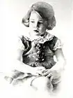 First commissioned portrait of a very young girl looking deep in thought with soft highlights, fitted dress with brass buttons, white lace collar
