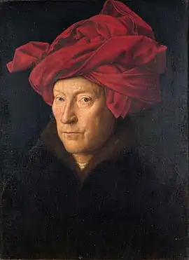 Jan van Eyck, Portrait of a Man in a Turban (actually a chaperon), 1433, National Gallery, generally regarded as a self-portrait, which would make it the earliest Western panel portrait after antiquity.