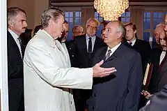 Reagan and Gorbachev greet each other at Höfði