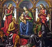 Madonna Enthroned with Saints and Angels, 1502, oil on poplar panel, 214.6 × 198.1&nbsp;cm, Fine Arts Museums of San Francisco, Gift of the Samuel H. Kress Foundation