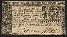Photograph of a printed Maryland four dollar banknote