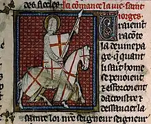 George as a knight, miniature from a ms. of Vies de Saints, c. 1290–1310 (Bibliothèque Sainte-Geneviève, Manuscrit 588)
