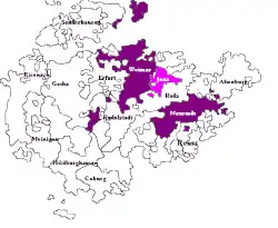 &nbsp;&nbsp;&nbsp;&nbsp;&nbsp;Saxe-Weimar, shown within the other Ernestine duchies and &nbsp;&nbsp;&nbsp;&nbsp;&nbsp;Saxe-Jena, joined to Saxe-Weimar in 1690
