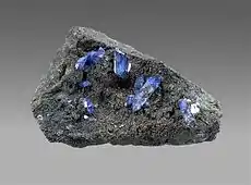 Bright blue scorodite crystals on brown-black beudantite, 8 x 5 x 3&nbsp;cm.