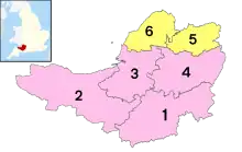 Image 7The ceremonial county immediately prior to the 2023 local government restructuring, with South Somerset (1), Somerset West and Taunton (2), Sedgemoor (3) and Mendip (4) as non-metropolitan districts (shown in pink), and just Bath and North East Somerset (5), and North Somerset (6) as unitary authorities (shown in yellow). (from Somerset)
