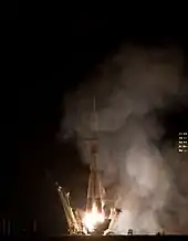 The Soyuz TMA-01M rocket launches from the Baikonur Cosmodrome in Kazakhstan at 7:10&nbsp;pm. EDT on Thursday, 7 October 2010.