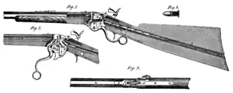 The Spencer repeating rifle uses a falling breechblock (F) mounted in a carrier (E).  Figure&nbsp;1, shows the breechblock raised.  Firing forces are contained by the receiver at the rear of the breechblock.