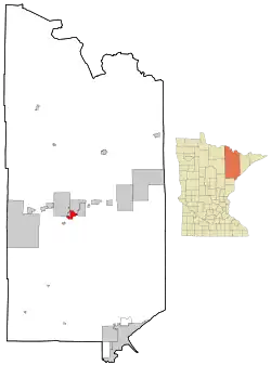 Location of the city of Evelethwithin St. Louis County, Minnesota