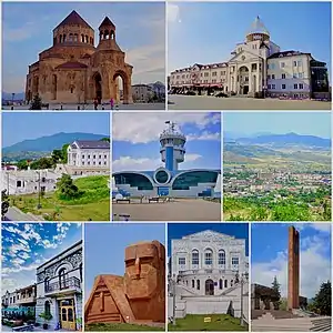From top left: Holy Mother of God Cathedral Renaissance Square&nbsp;• Downtown Stepanakert Stepanakert Airport&nbsp;•  Stepanakert skyline Park Hotel Artsakh &nbsp;• We Are Our Mountains Artsakh University
&nbsp;• Victory Monument