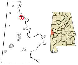 Location of Gainesville in Sumter County, Alabama.