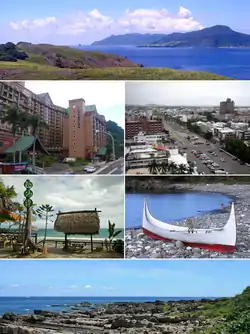 Top:View of Orchid Island, from Ji-teiwan, Second left:Jiben Spa area, Second right:A view of downtown Taitung, Third left:View of White Sand Bay in Taimali Township, Third right:A memorial for Yami people's boat in Orchild Island, Bottom:A coast of Siaoyeliou