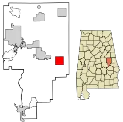 Location of Camp Hill in Tallapoosa County, Alabama.